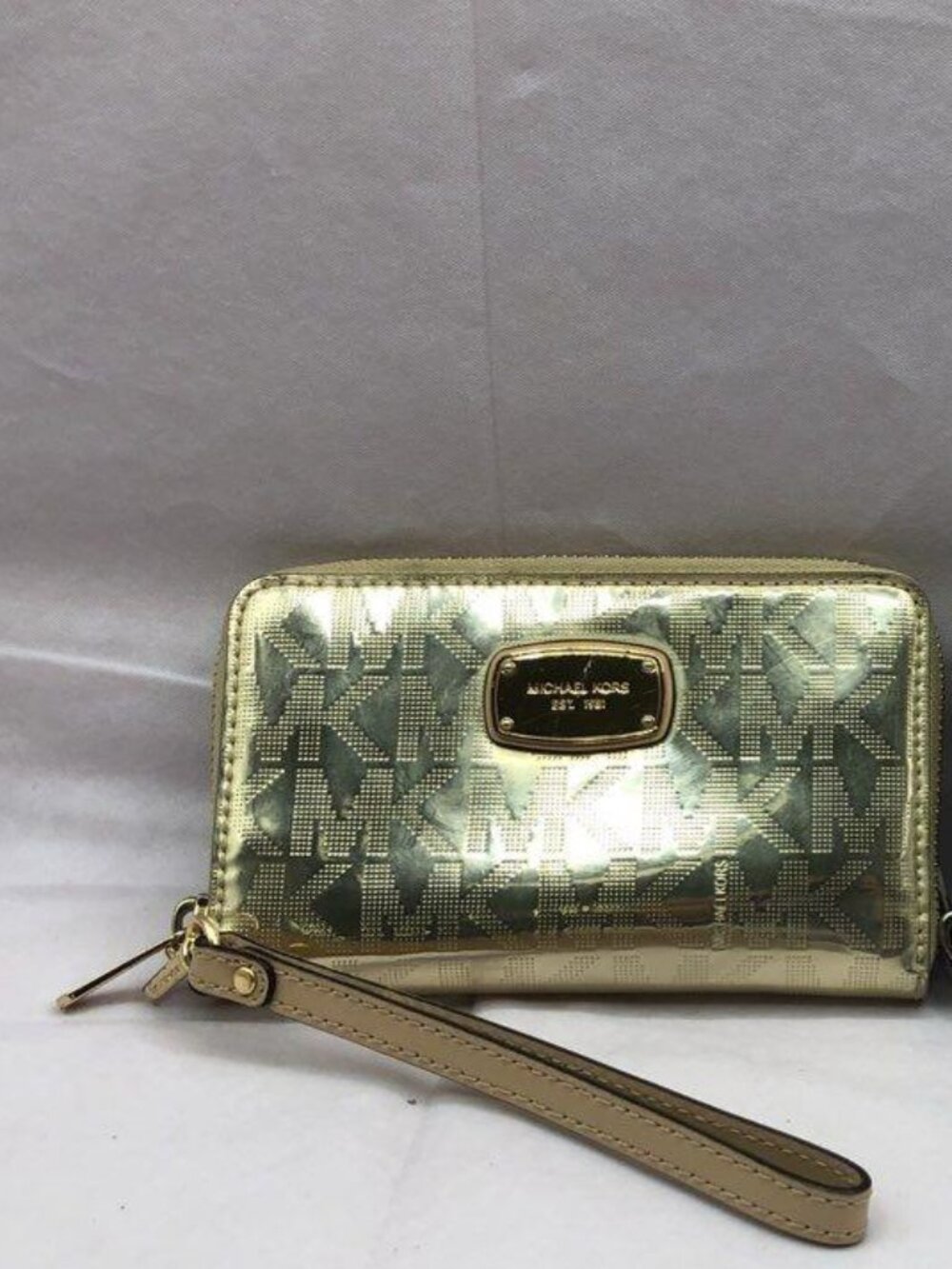 Michael Kors Gold Metallic MK Monogram Wristlet Wallet